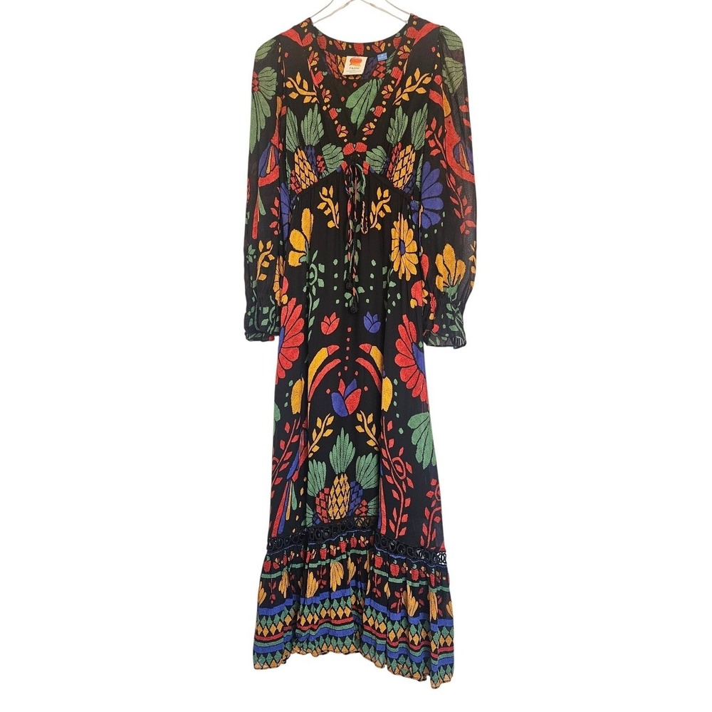 Farm Rio Black Tropical Toucan Floral V-Neck Maxi Dress S Long Puff Sleeve Boho - Picture 4 of 16